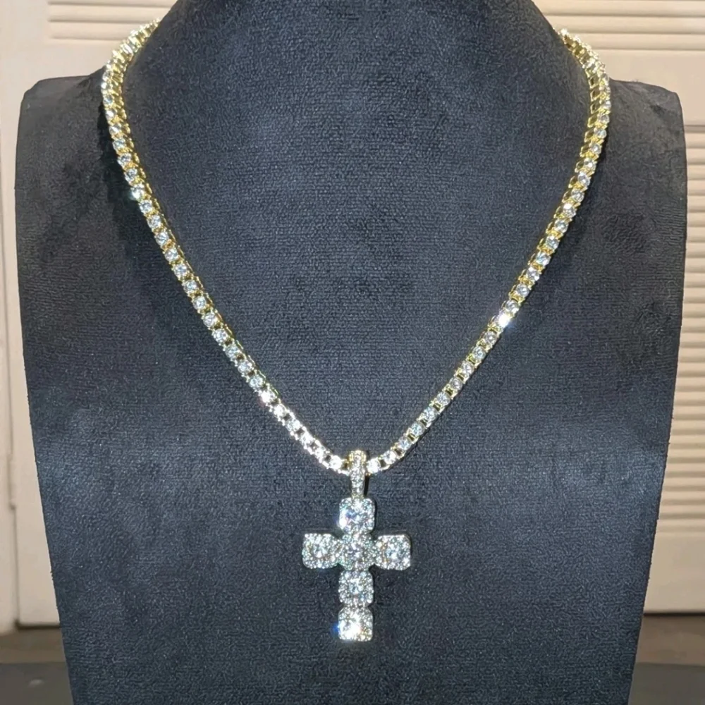 14k Yellow Gold Plated Lab Created Diamond Cross Pendant Tennis Necklace 18